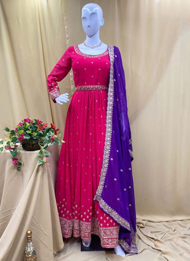 Georgette Rani Pink Wedding Wear Stone Work Readymade Anarkali Suit